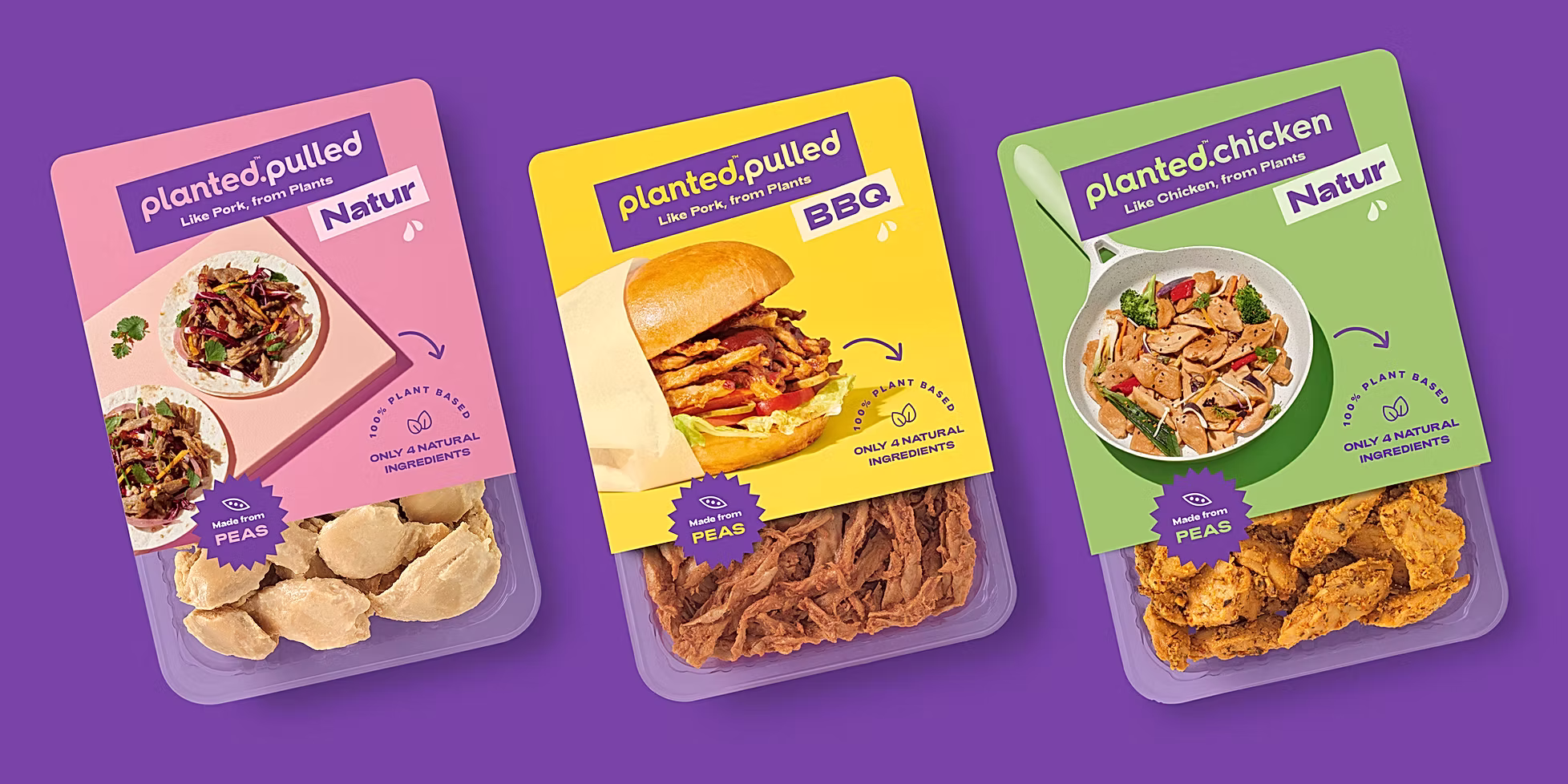 Three redesigned packs on a purple background: planted.pulled Natur, planted.pulled BBQ and planted.chicken Natur